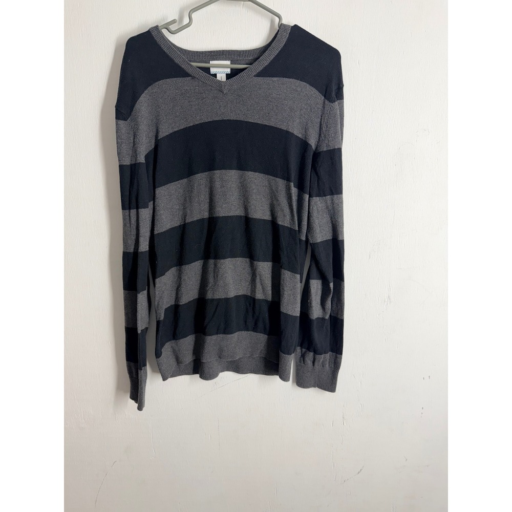 Old Navy Mens V-Neck Sweater Medium Gray Black Striped 100% Cotton Knit Pullover